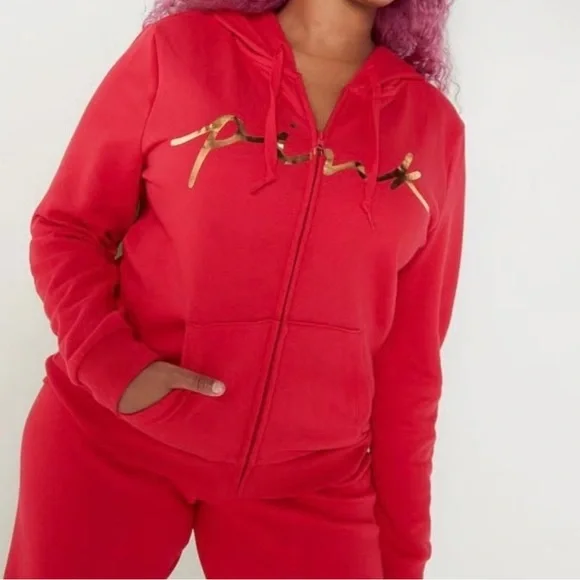 PINK Victoria's Secret Vibrant Red Full Zip Up Hoodie Size Large - Picture 1 of 9